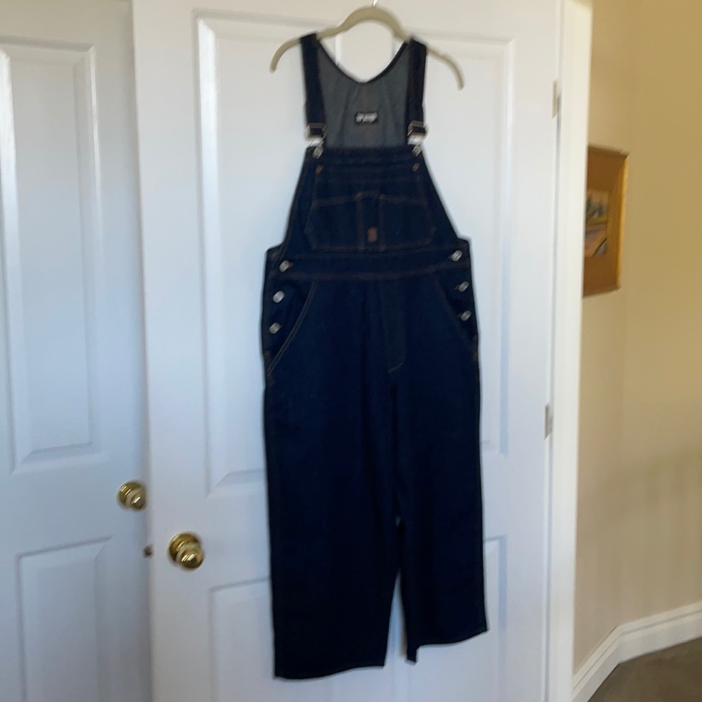 Dark blue denim crop wide leg overalls